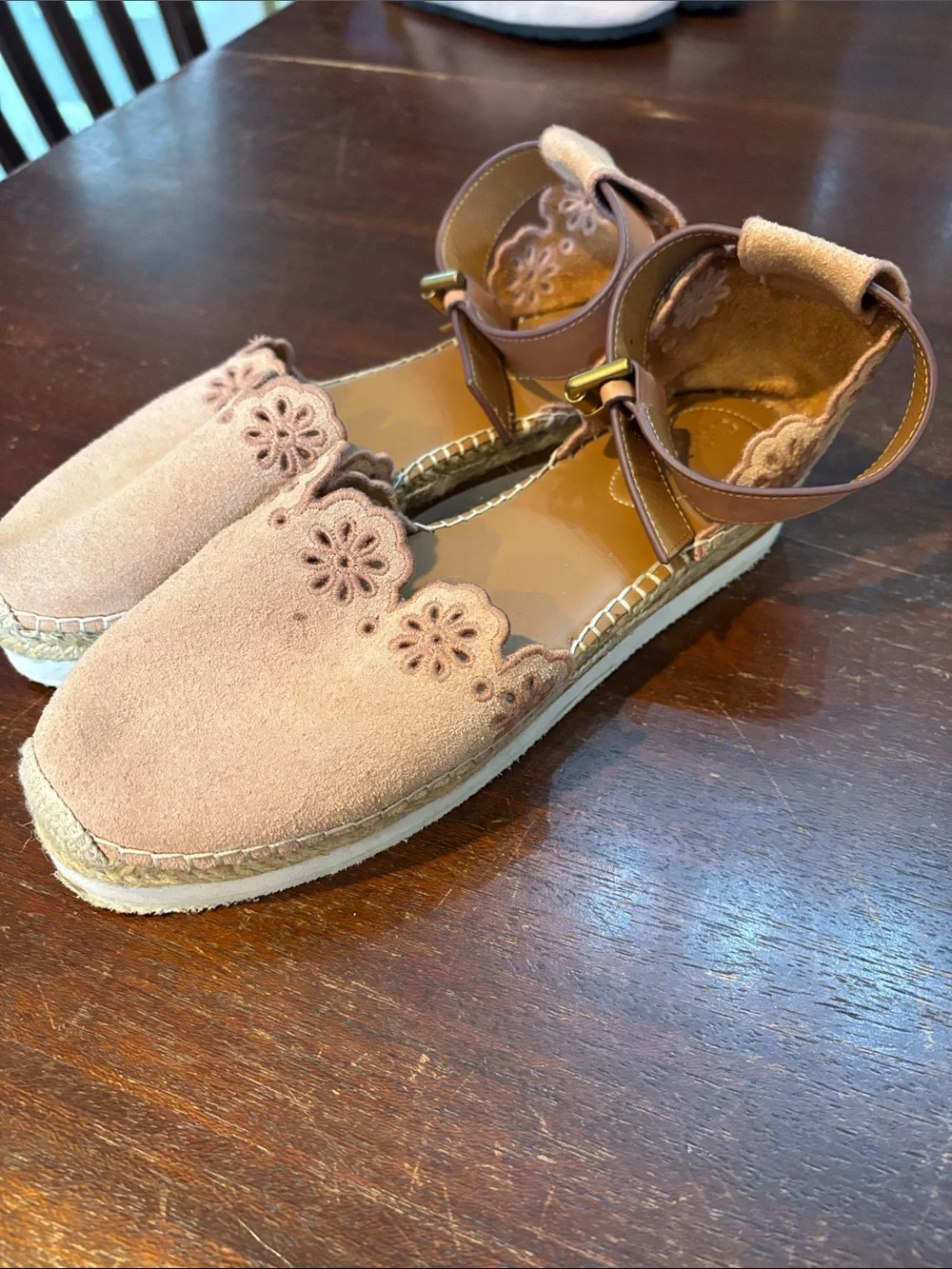 See By Chloe Blush Suede Espadrille Sandals with Ankle Strap